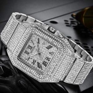 Bling iced watch Rectangle case stainless steel Quartz